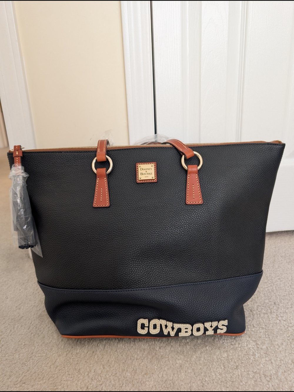 Dooney & Bourke Black Leather Cowboys Tote with Brown Trim